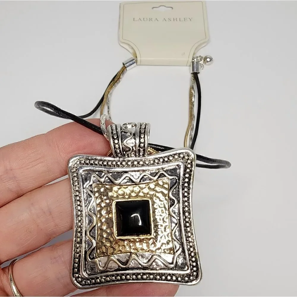 Laura Ashkey NEW Vintage Multi Strand Necklace 2 Tone Pendant Black Cabochon